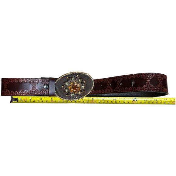 Brown Embossed Leather Western Stone Buckle Belt Size Small - Picture 3 of 9